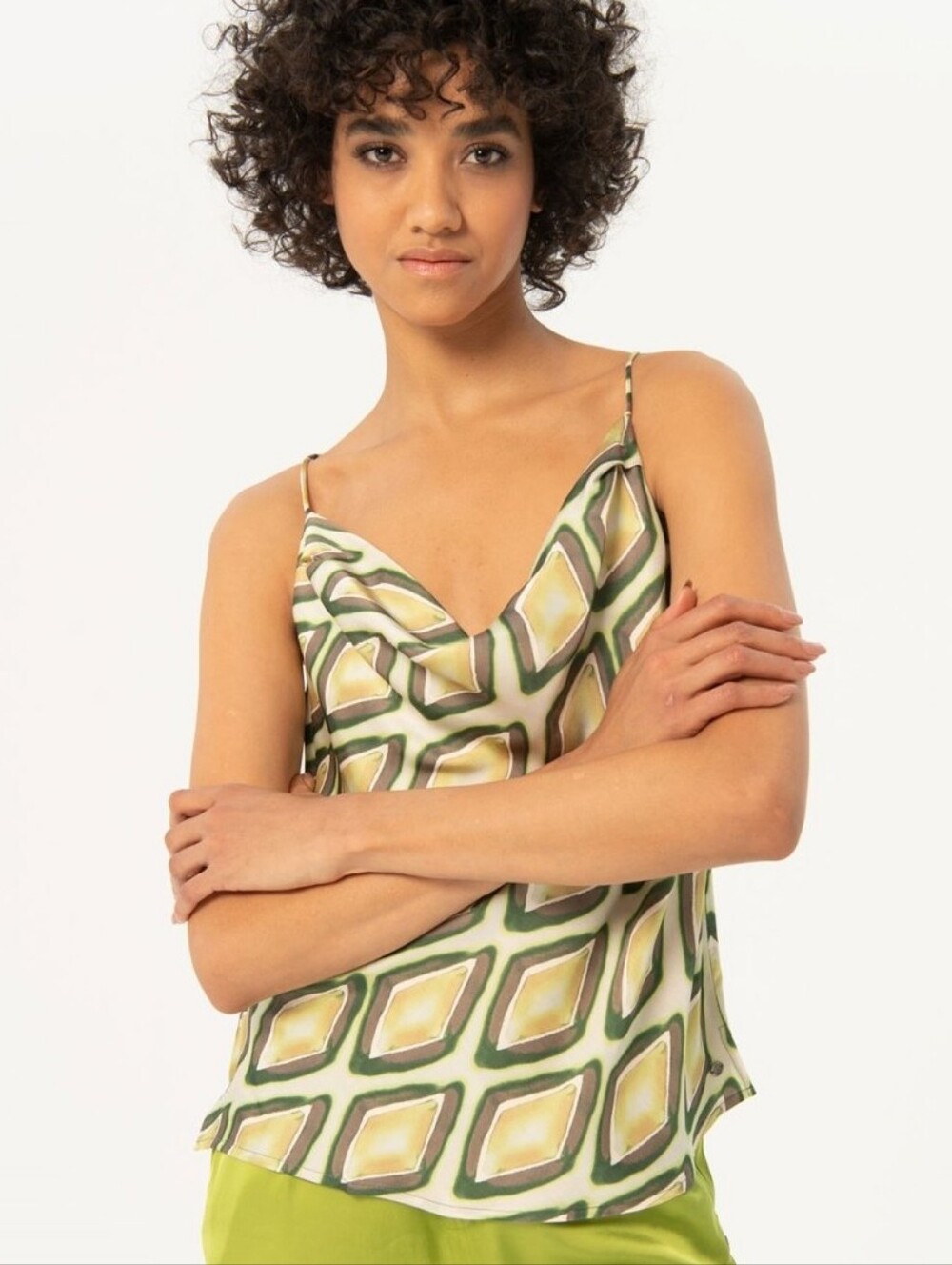 Surkana Cowl Neck Satin Green & Yellow Geometric Cami Tank Top